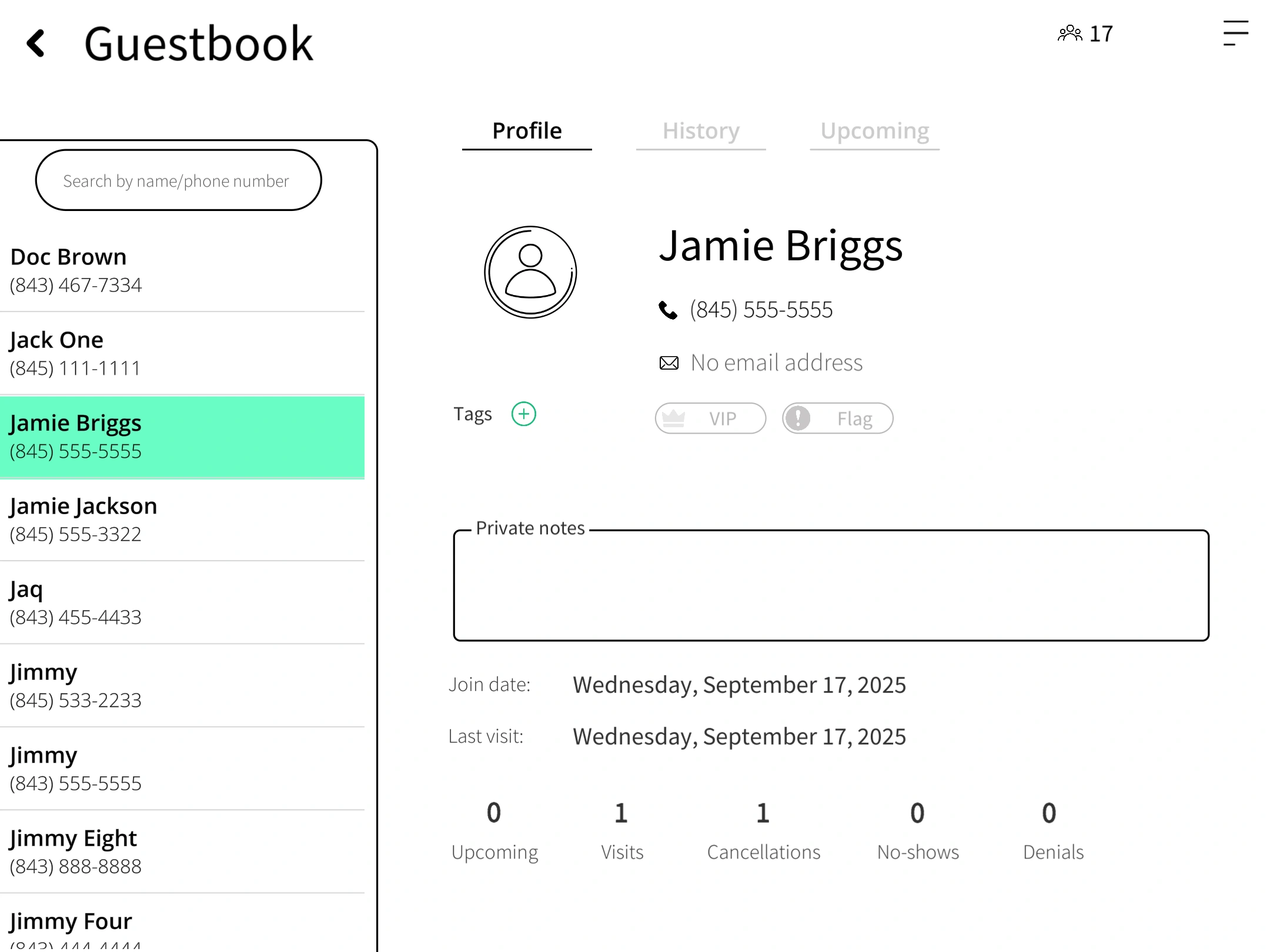 Digital guestbook showing customer visit history and VIP tags