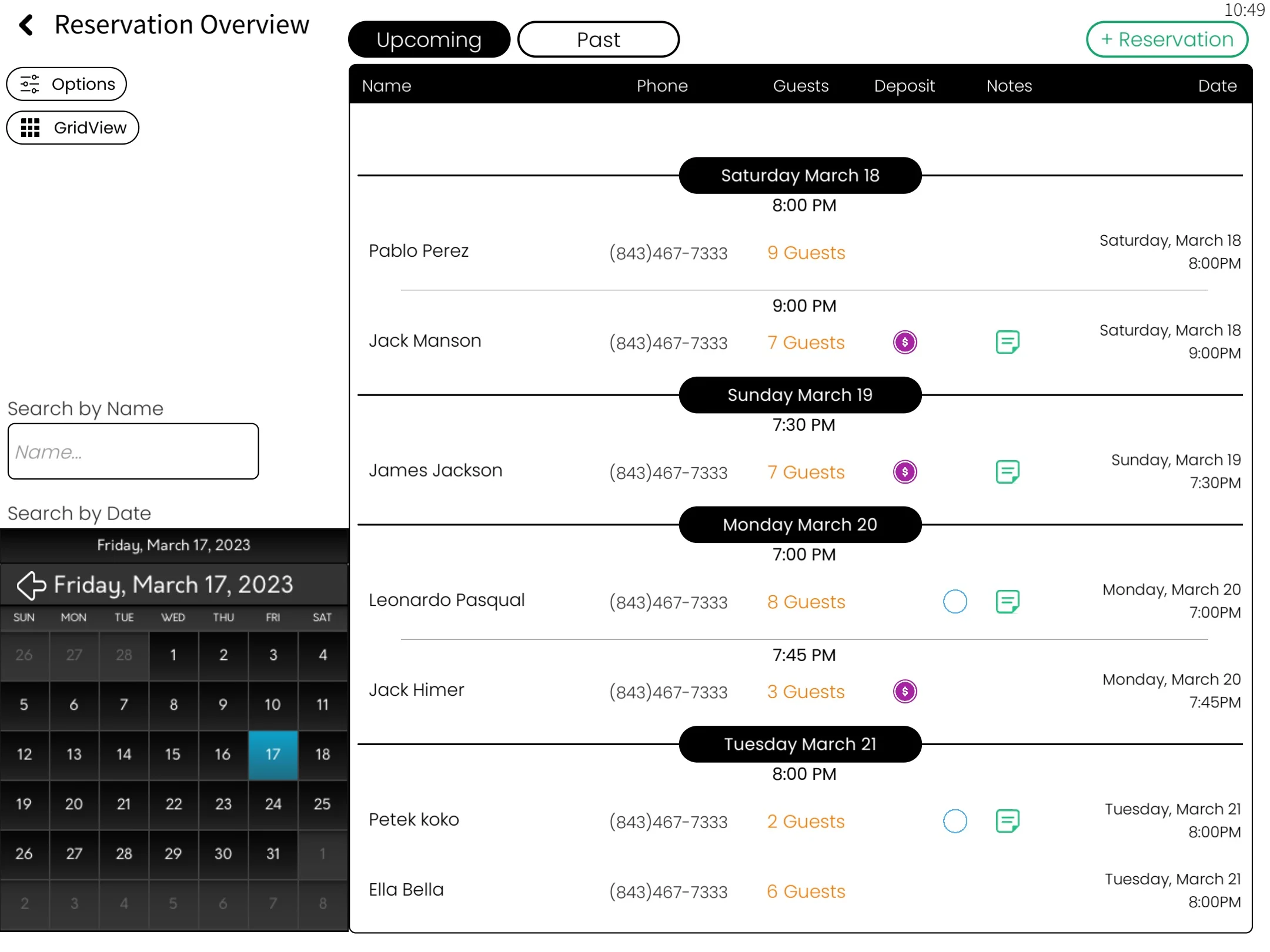 Restaurant reservation management dashboard